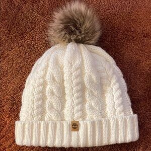 Timberland Cream Cable Knit Beanie with Brown Pom